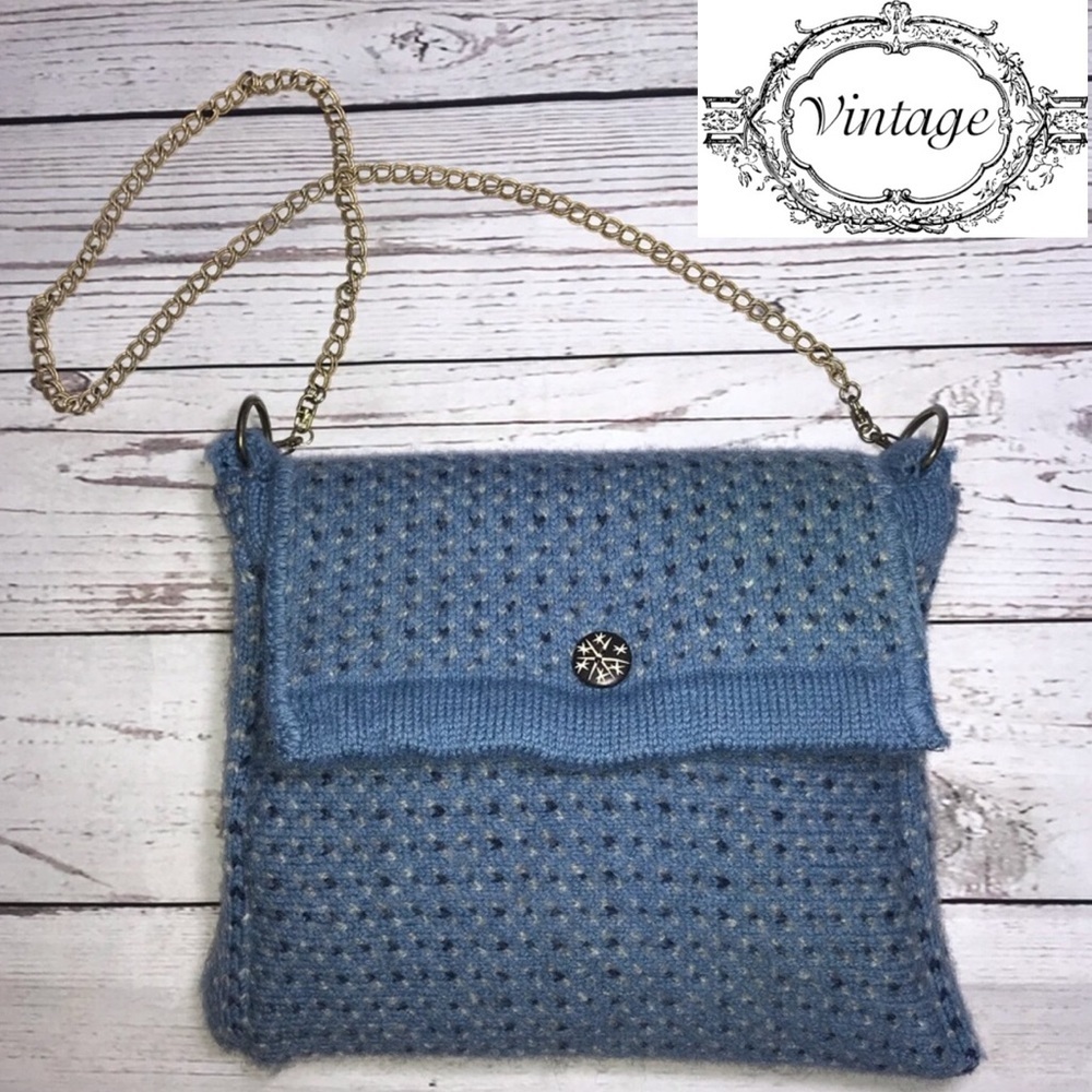 Vintage Handmade Blue Wool Sweater Shoulder Bag Purse